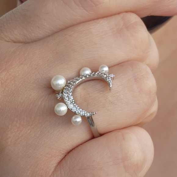 New silver 18k gold plated diamond simulated diamond and water pearl ring size 7 - Picture 6 of 8